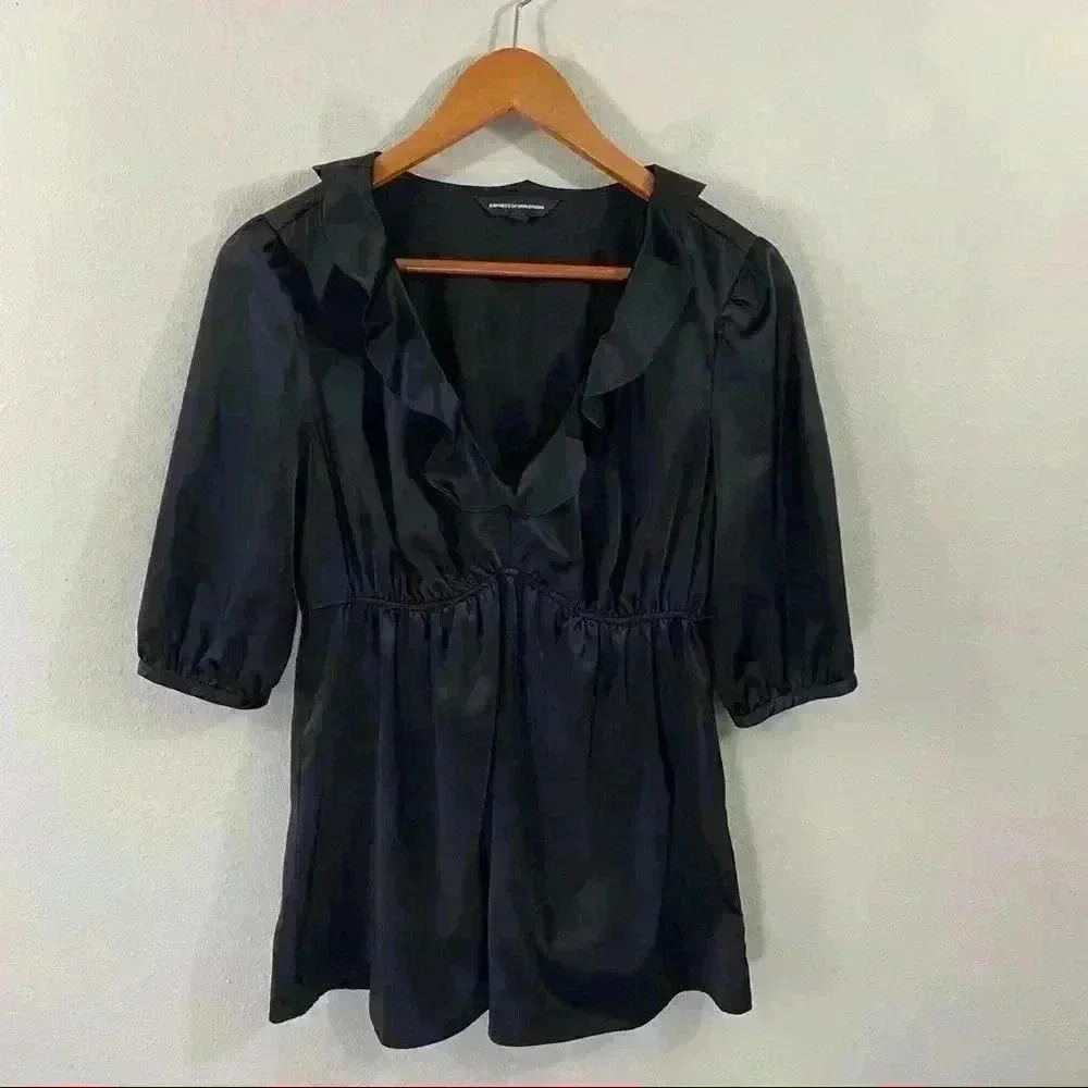 Express black satin top with ruffle detail